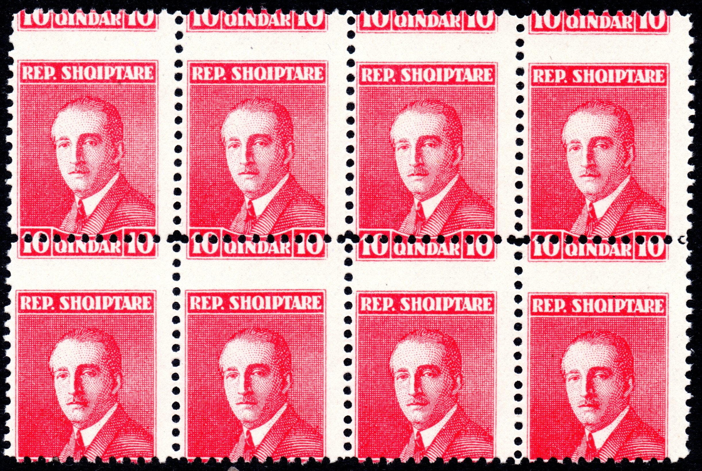 Albania 1925 10q Red Stamp Unmounted Mint Block of Eight Misperf Variety