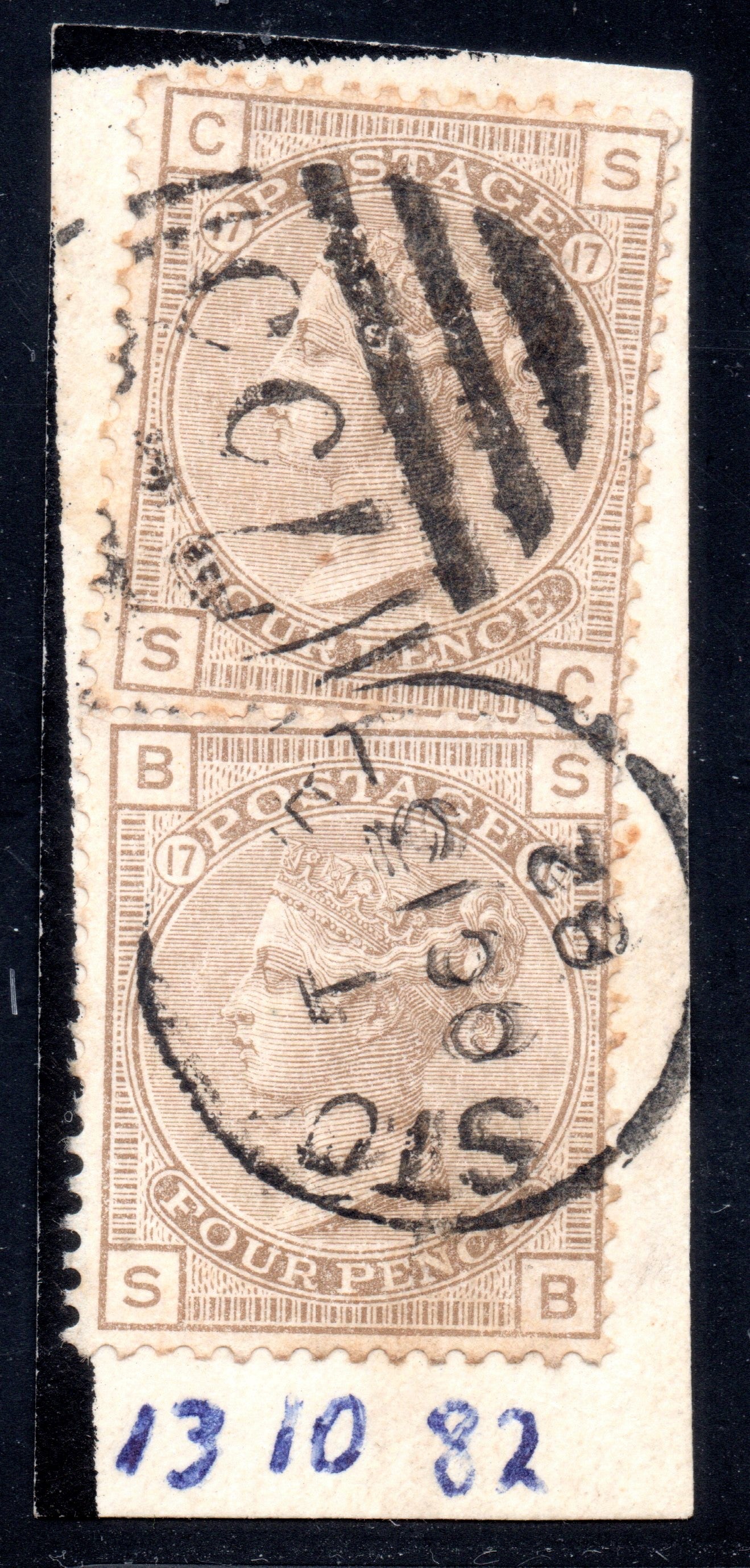 1882 4d grey-brown plate 17 two singles tied original piece CDS and numeral
