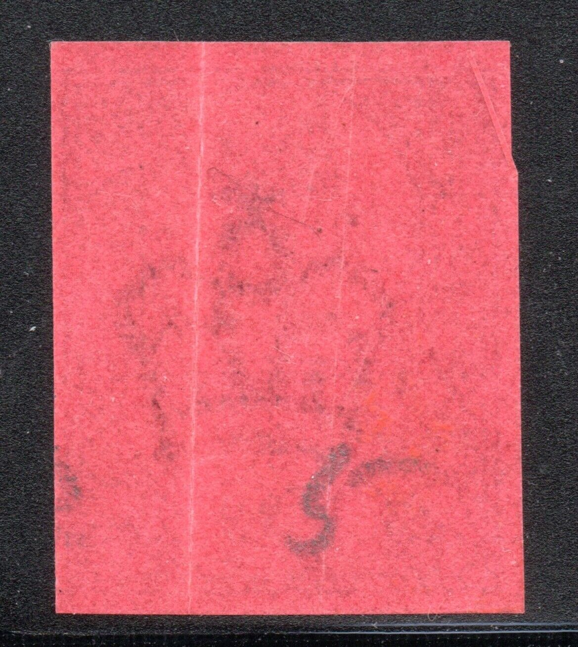 Reverse of Great Britain 1887 6d Jubilee imprimatur showing pencil numeral 5 and pre-printing fold.