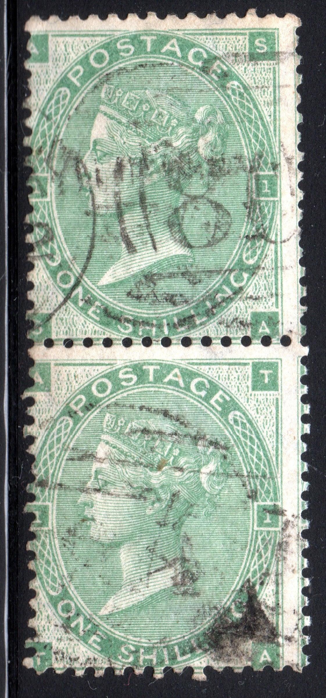 1862 1s Green Vertical Pair Lettered SA and TA Lightly Used