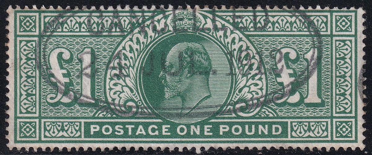 Great Britain 1912 Edward VII £1 deep green Somerset House stamp with a dated oval CANCELLED marking.