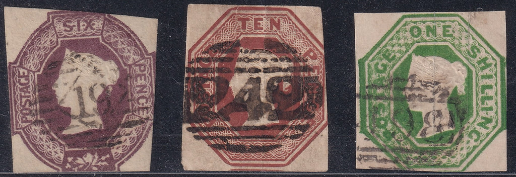 Three Great Britain embossed Queen Victoria stamps: 6d purple, 10d brown and 1s green, with postal cancellations.