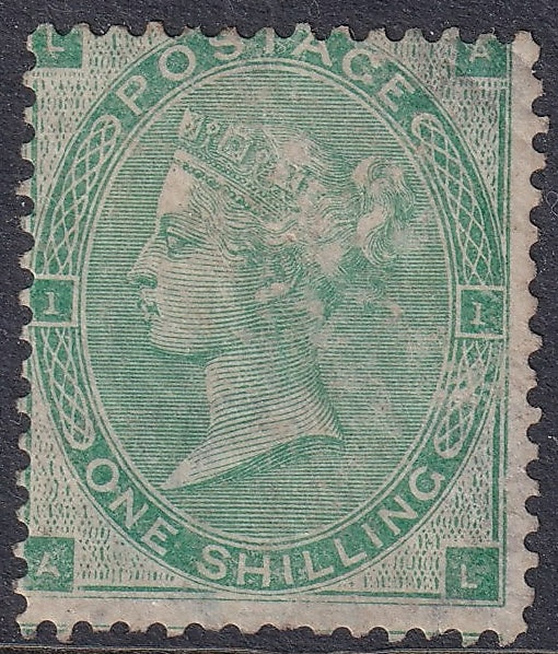 Great Britain 1862 1s green stamp AL, showing the defective lower-left A variety and surface scuffing.