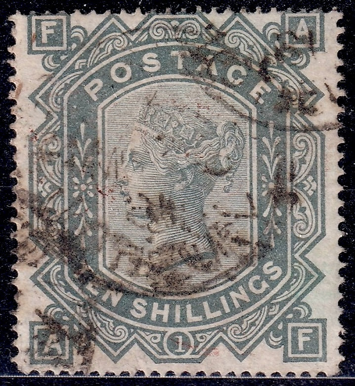 Great Britain 1878 10s greenish grey Queen Victoria stamp, lettered AF, with postal cancellations, SG128.