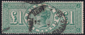 Great Britain 1891 £1 green Queen Victoria stamp, lettered JC, with circular postal cancellations.