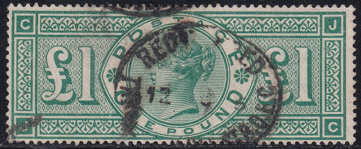 Great Britain 1891 £1 green Queen Victoria stamp, lettered JC, with circular postal cancellations.