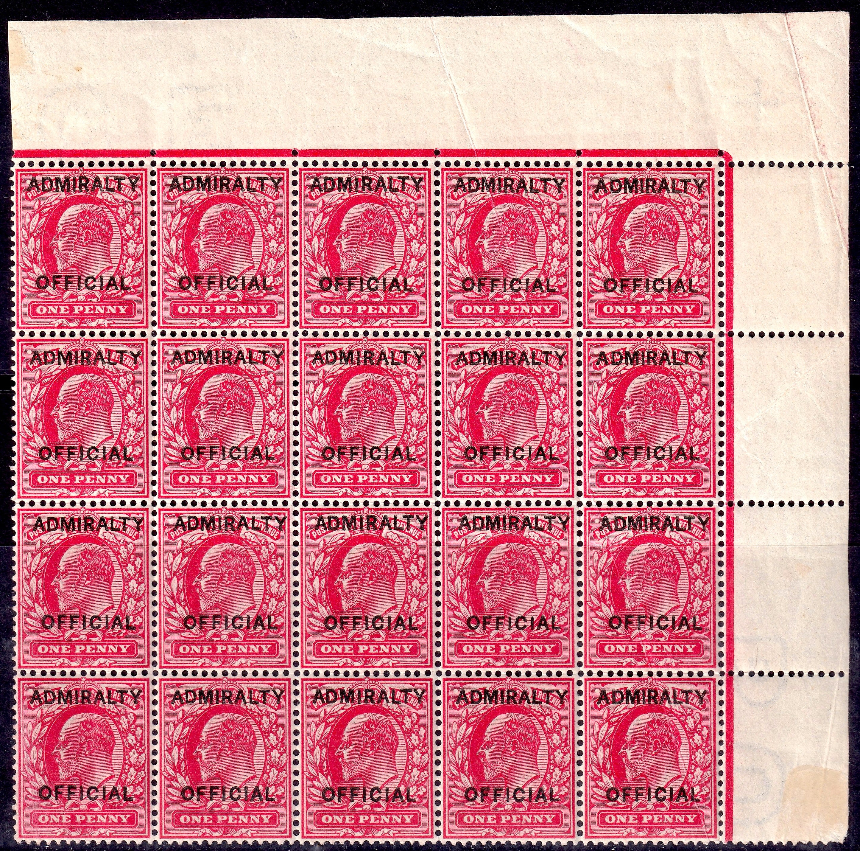 1903 GB 1d Scarlet Admiralty Official UM Marginal Block of 30 SG O102