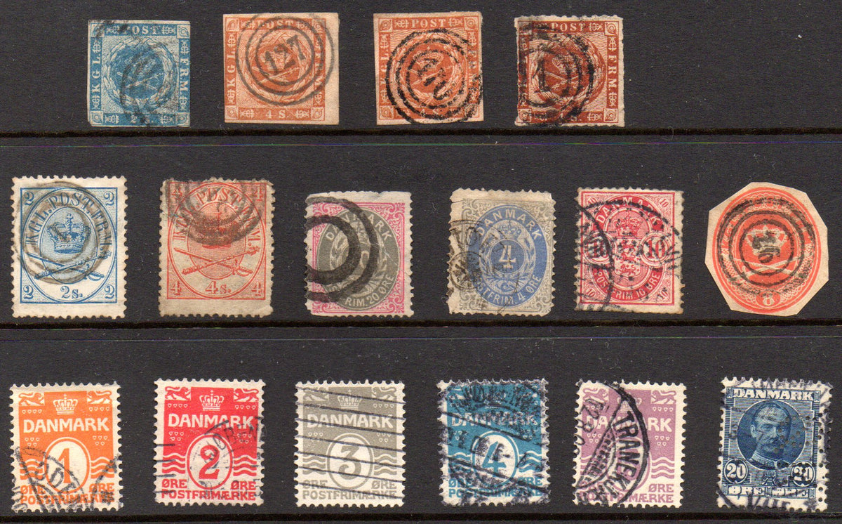 Denmark 1854–1907 used stamp selection, including early imperforate issues, numeral designs and a royal portrait, arranged in three rows with varied cancellations.