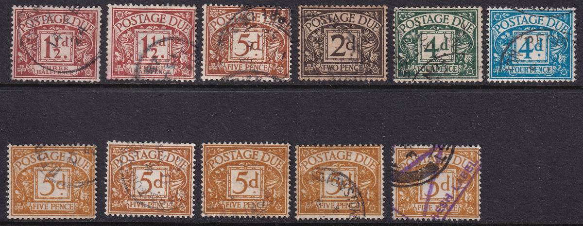 Eleven Great Britain 1922–56 used postage due stamps in denominations of ½d, 1½d, 2d, 4d and 5d, arranged in two rows with varied cancellations.