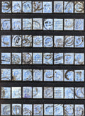 Great Britain Edward VII 2½d blue used stamps arranged in seven rows, showing varied cancellations, shades and including perfins.
