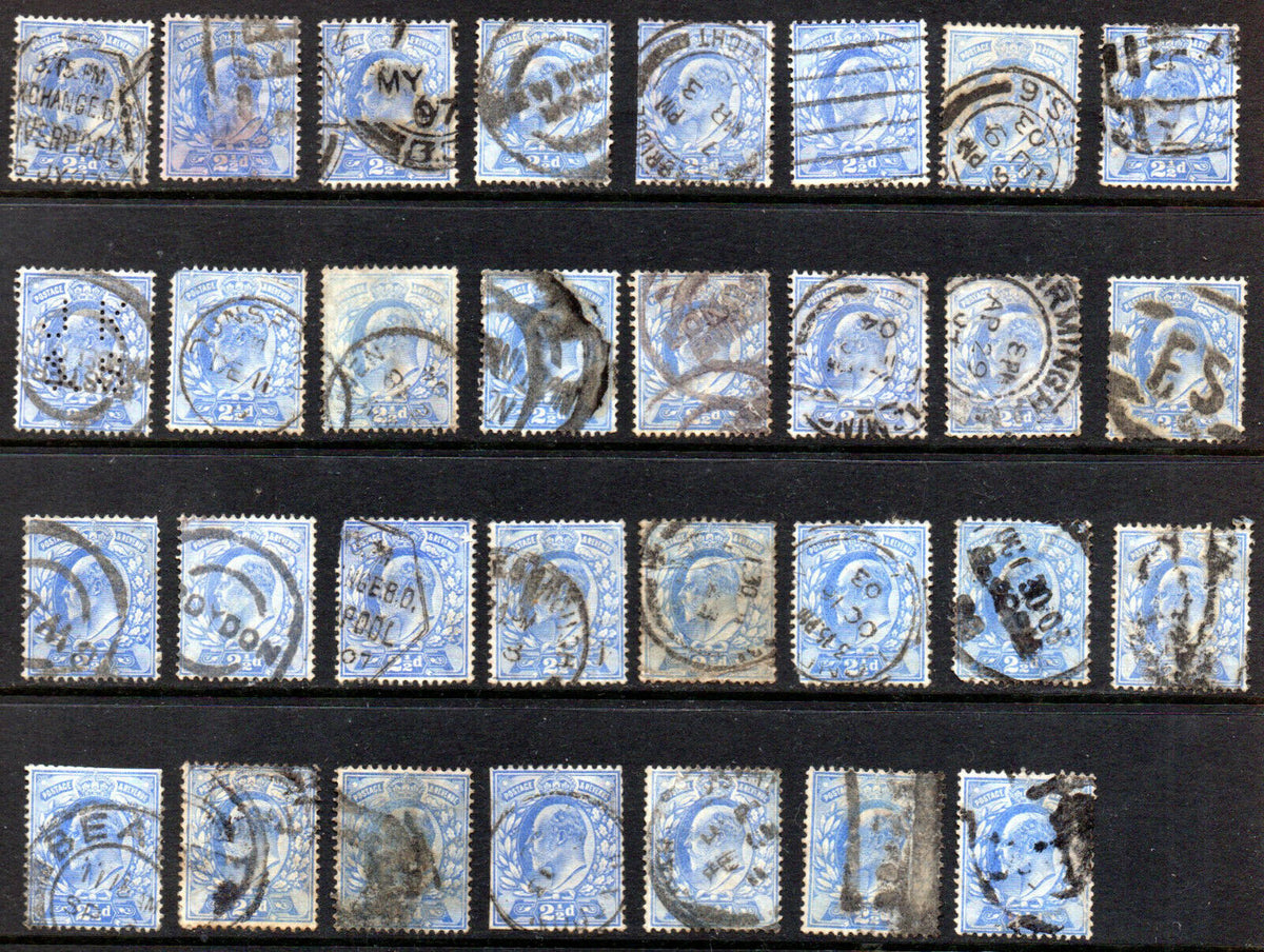 Further Great Britain Edward VII 2½d blue used stamps arranged in four rows, showing circular, barred and heavy cancellations, with some faults.