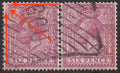Great Britain 1913 George V 6d purple horizontal stamp pair with parcel cancellations; orange arrows indicate the unprinted upper-left corner of the left stamp.