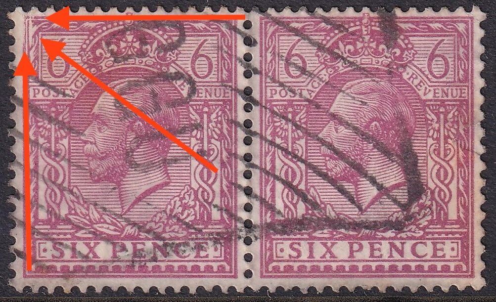 Great Britain 1913 George V 6d purple horizontal stamp pair with parcel cancellations; orange arrows indicate the unprinted upper-left corner of the left stamp.
