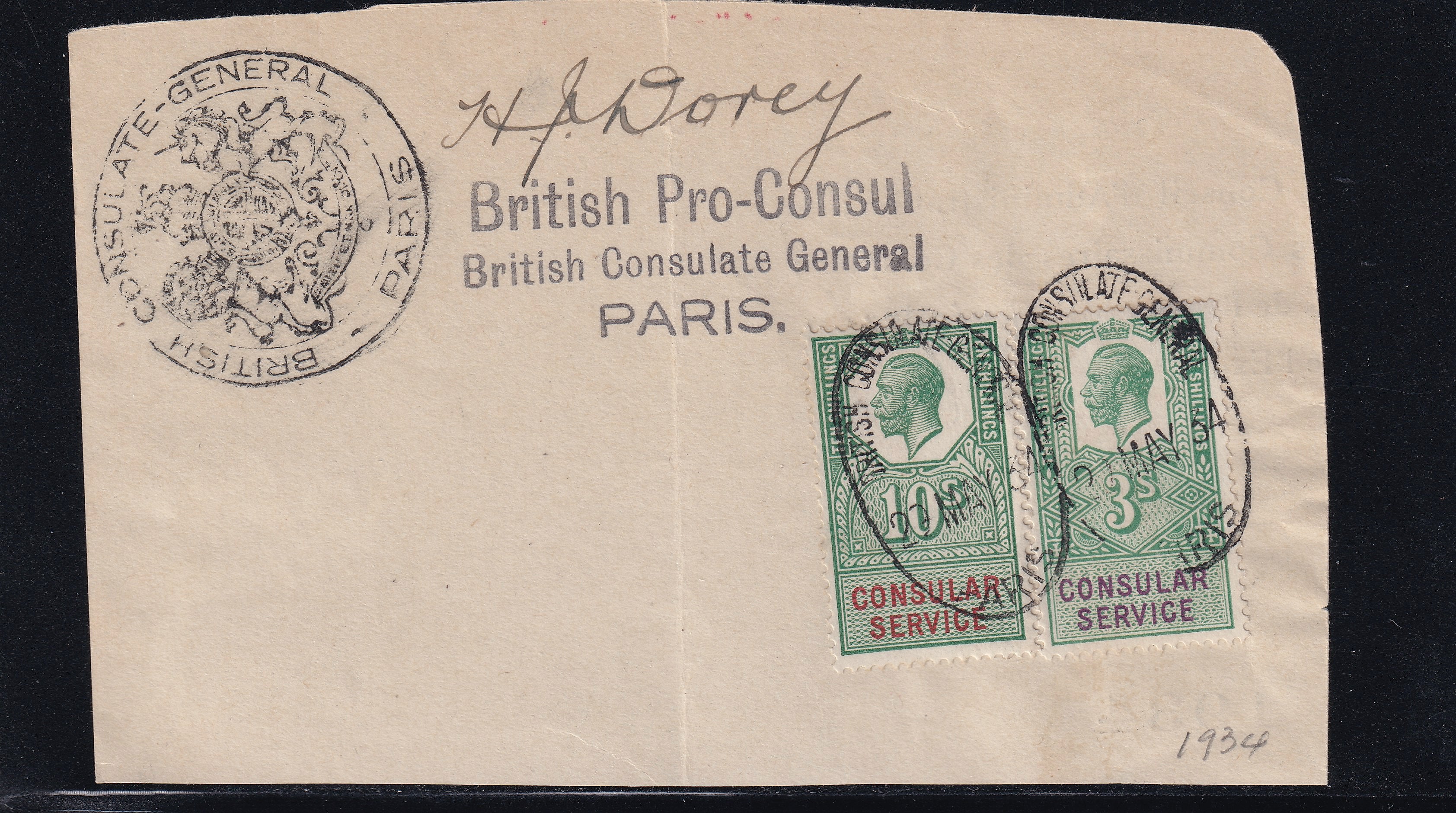 1934 GV 3s & 10s Consular Service Stamps Tied Paris Piece Signed H J Dorey