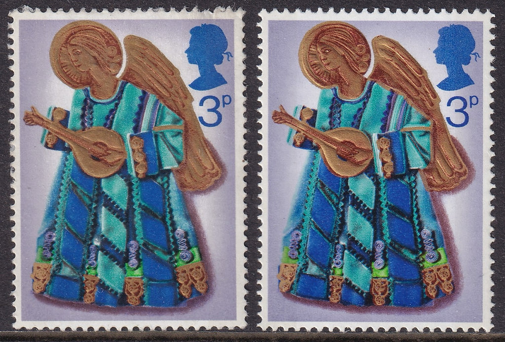 Two Great Britain 1972 3p Christmas stamps side by side, with the red-brown printing anomaly on the left and a normal stamp on the right.