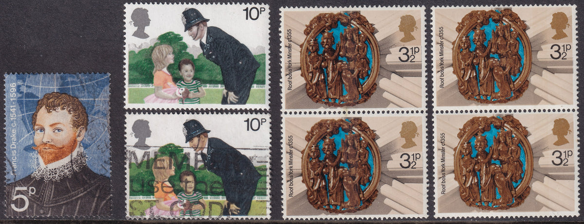 Great Britain 1973–79 variety selection showing a 5p Drake stamp, two 10p Police stamps and two vertical pairs of 3½p Christmas stamps.