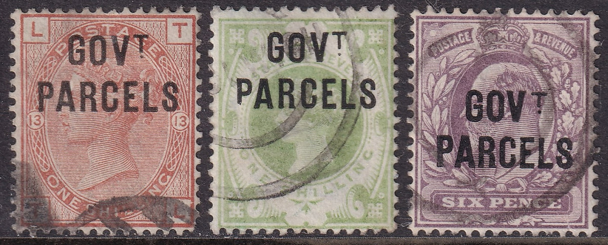 Three used Great Britain GOVT PARCELS overprinted stamps: Queen Victoria 1s orange-brown and 1s green with variety short 'P' of 'PARCELS', and Edward VII 6d purple, arranged side by side.