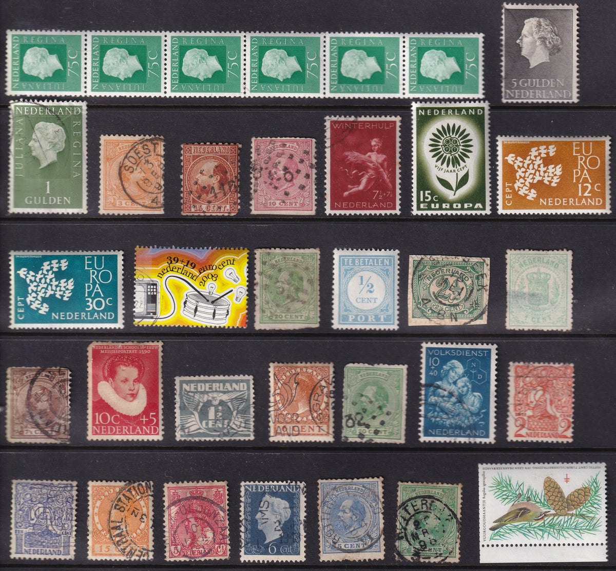 Netherlands mint and used stamp selection with early issues, Juliana values to 5 guilders, Europa designs and a marginal anti-tuberculosis stamp.