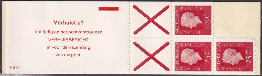 Open Netherlands Juliana booklet showing three red 25c stamps, two crossed labels and Dutch postal information.