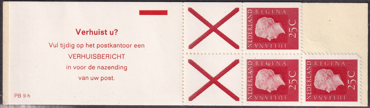 Open Netherlands Juliana booklet showing three red 25c stamps, two crossed labels and Dutch postal information.