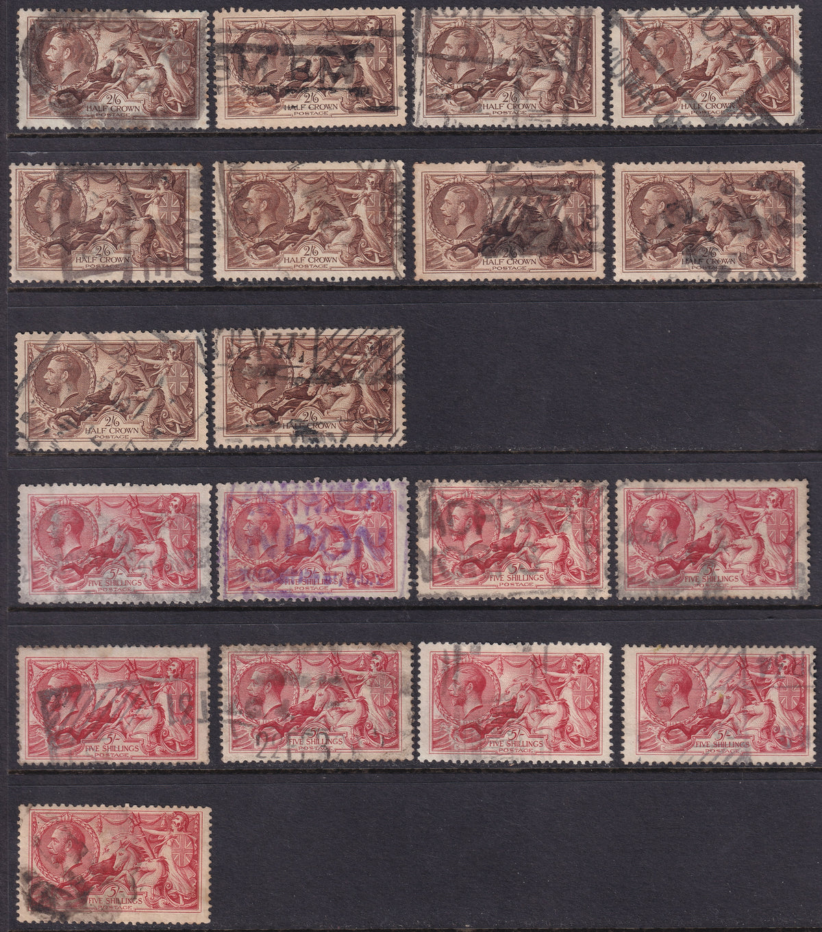 GB 1913–34 George V Seahorses 19 Used Stamps, 2s6d & 5s Shades
