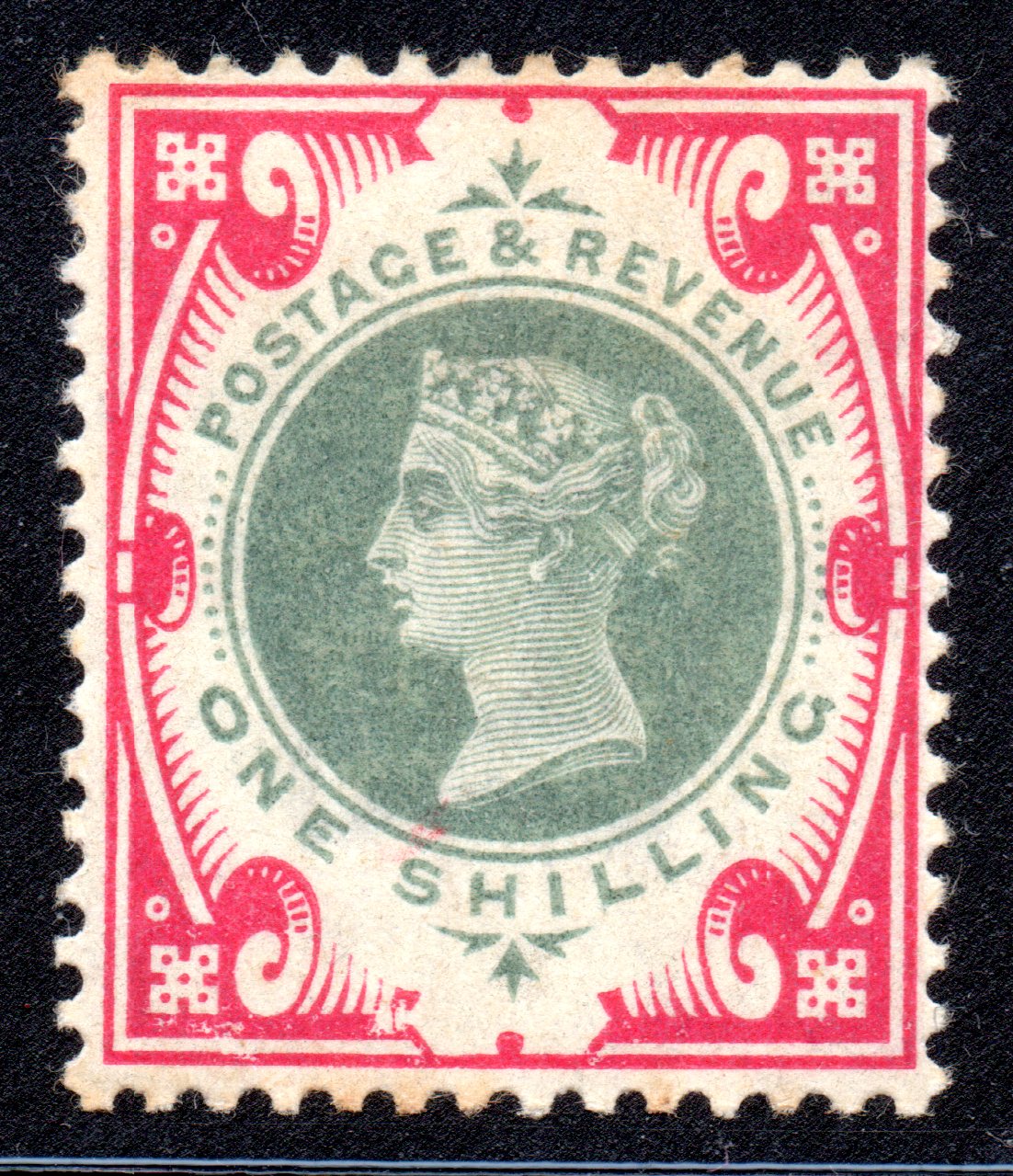 Great Britain 1900 Queen Victoria 1s green and carmine mounted mint, broken plate variety, full front.