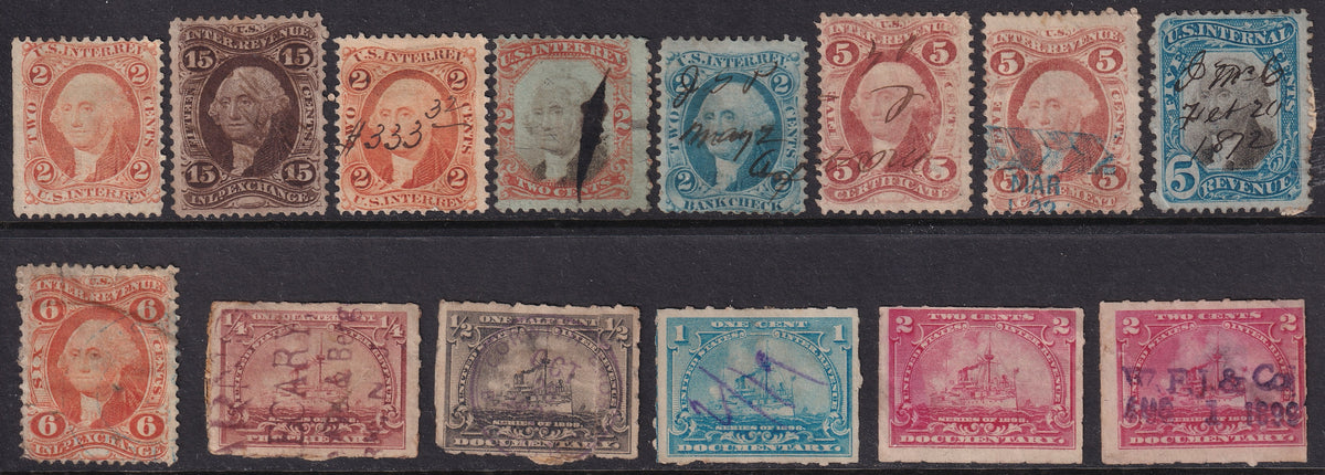 Fourteen early United States Internal Revenue stamps in assorted denominations and colours, mainly used with manuscript and handstamped cancellations, arranged in two rows.