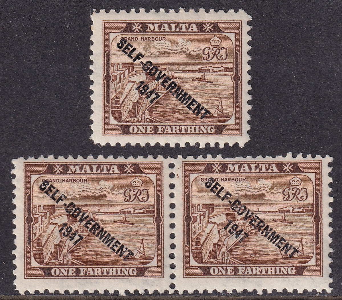Malta 1948 ¼d brown horizontal pair with broken letters and numerals in the Self Government 1947 overprint, shown below a normal single for comparison.