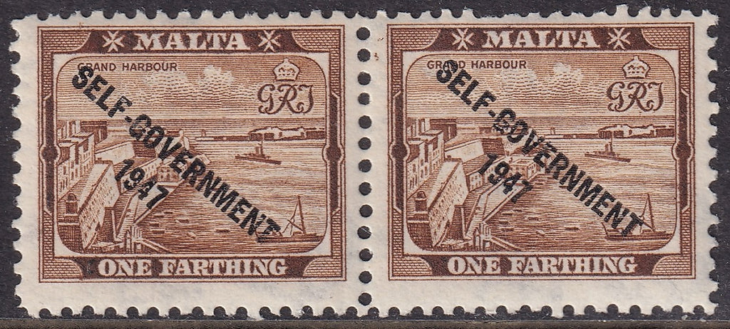 Malta 1948 ¼d brown horizontal pair showing broken letters and numerals in the Self Government 1947 overprint.