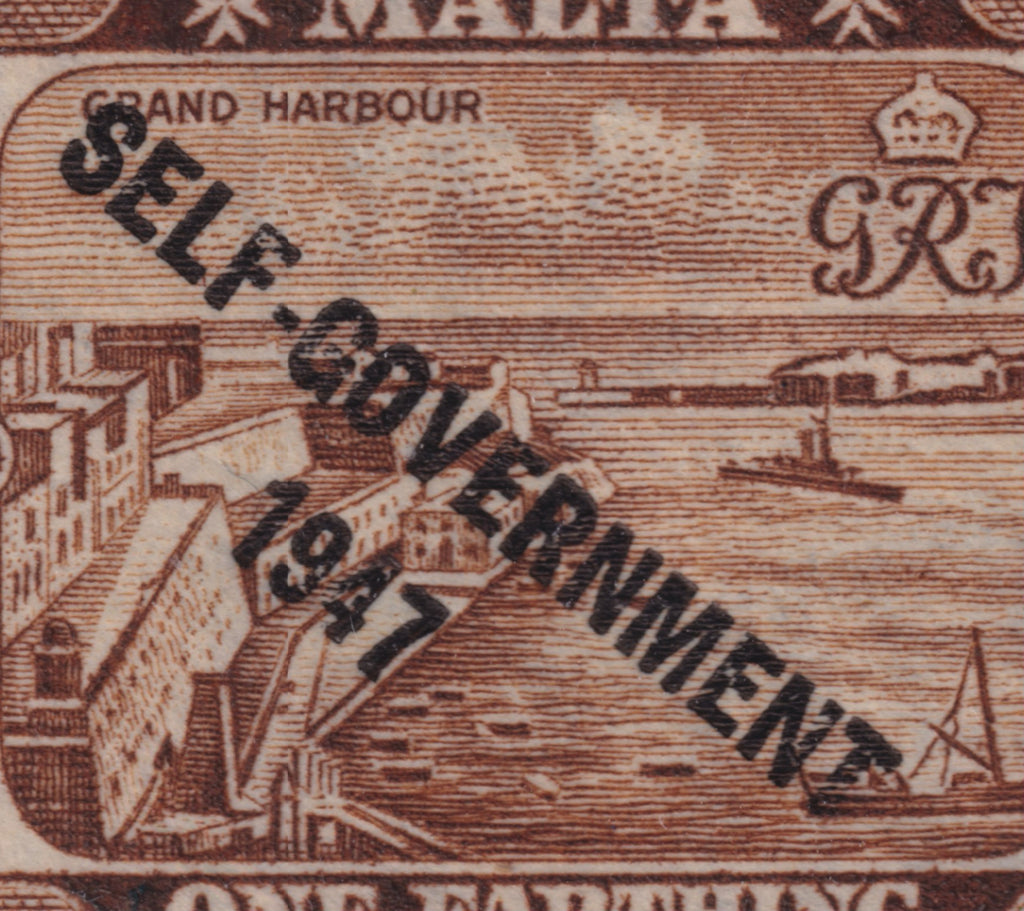 Close-up of the left Malta ¼d stamp showing breaks in the Self Government 1947 overprint lettering and numerals.