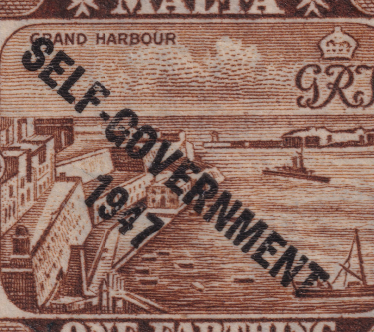 Close-up of the left Malta ¼d stamp showing breaks in the Self Government 1947 overprint lettering and numerals.