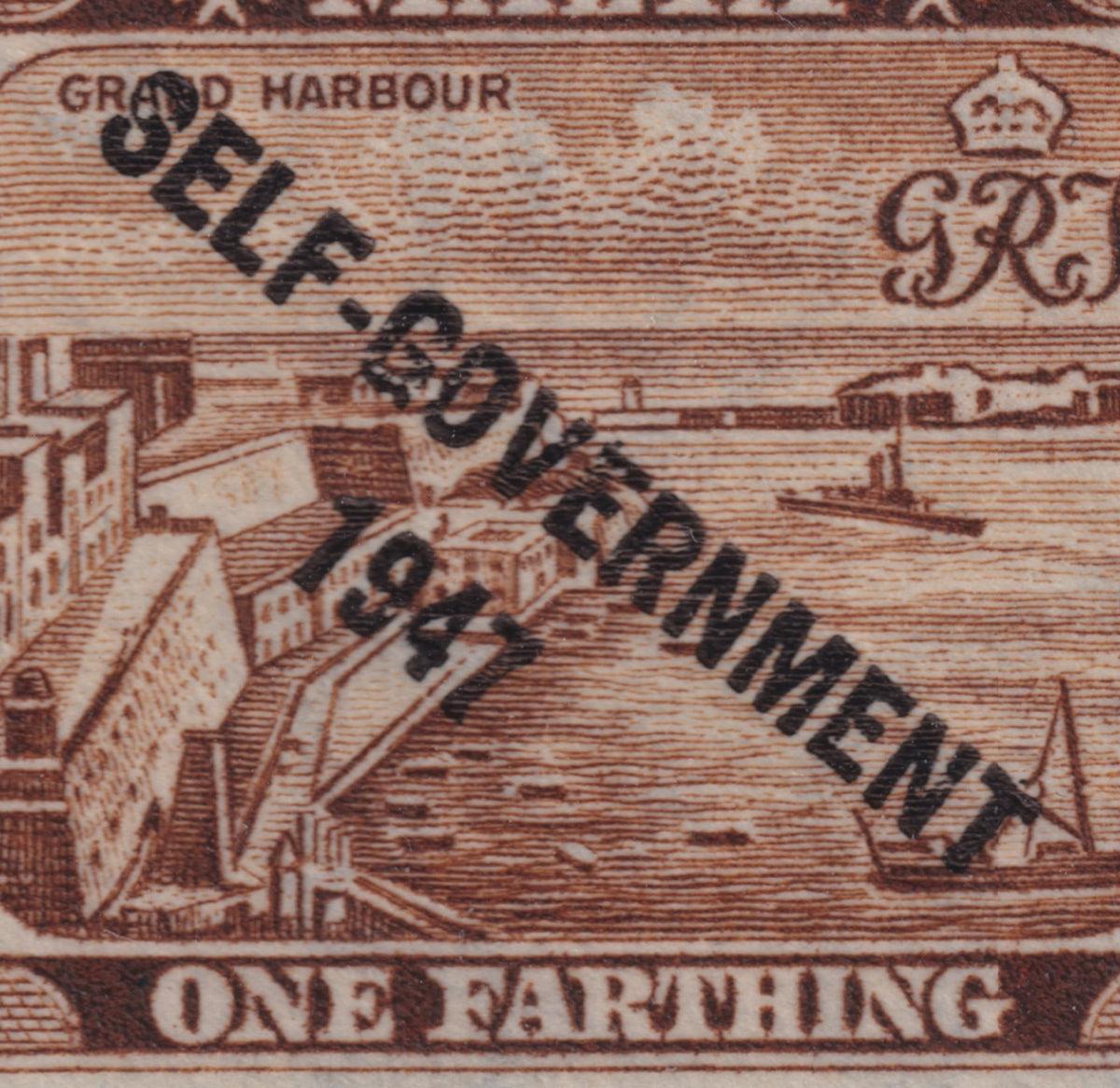 Close-up of the right Malta ¼d stamp showing breaks in the Self Government 1947 overprint lettering and numerals.