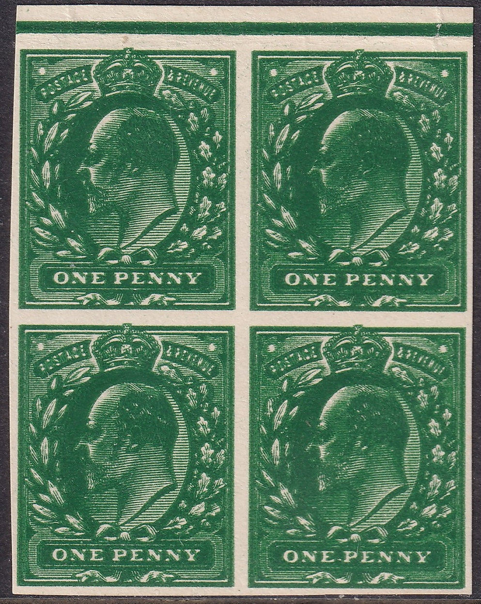 GB 1902 EdVII Dbl Impression Plate Proof Deep Green Imperf Block Four
