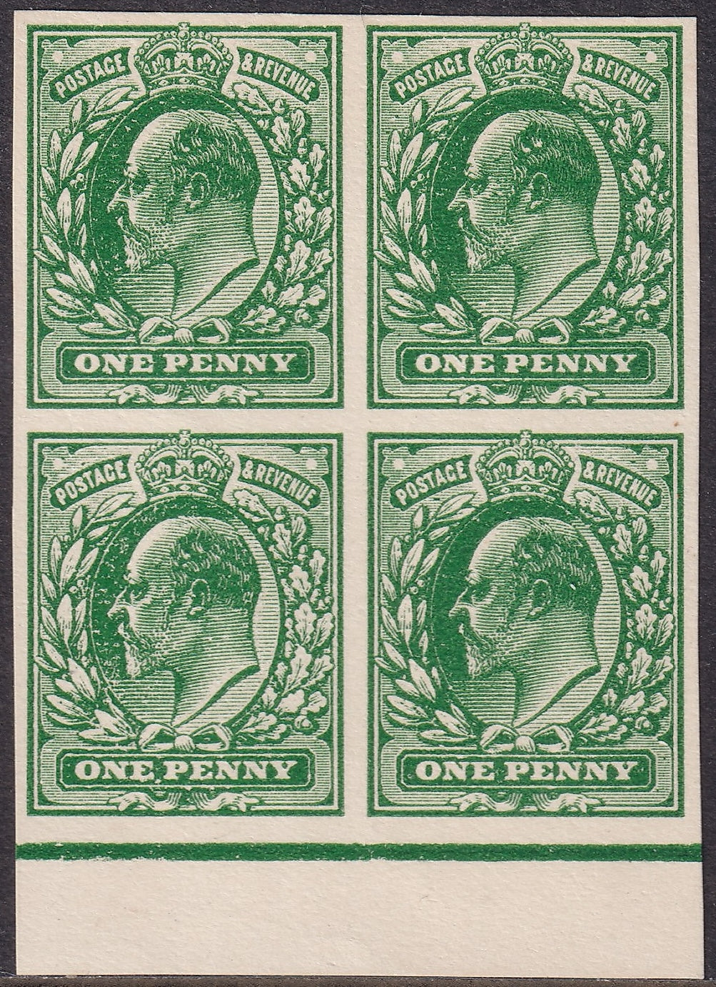 GB 1905 Edward VII Plate Proof Deep Green Marginal Imperf Block Four