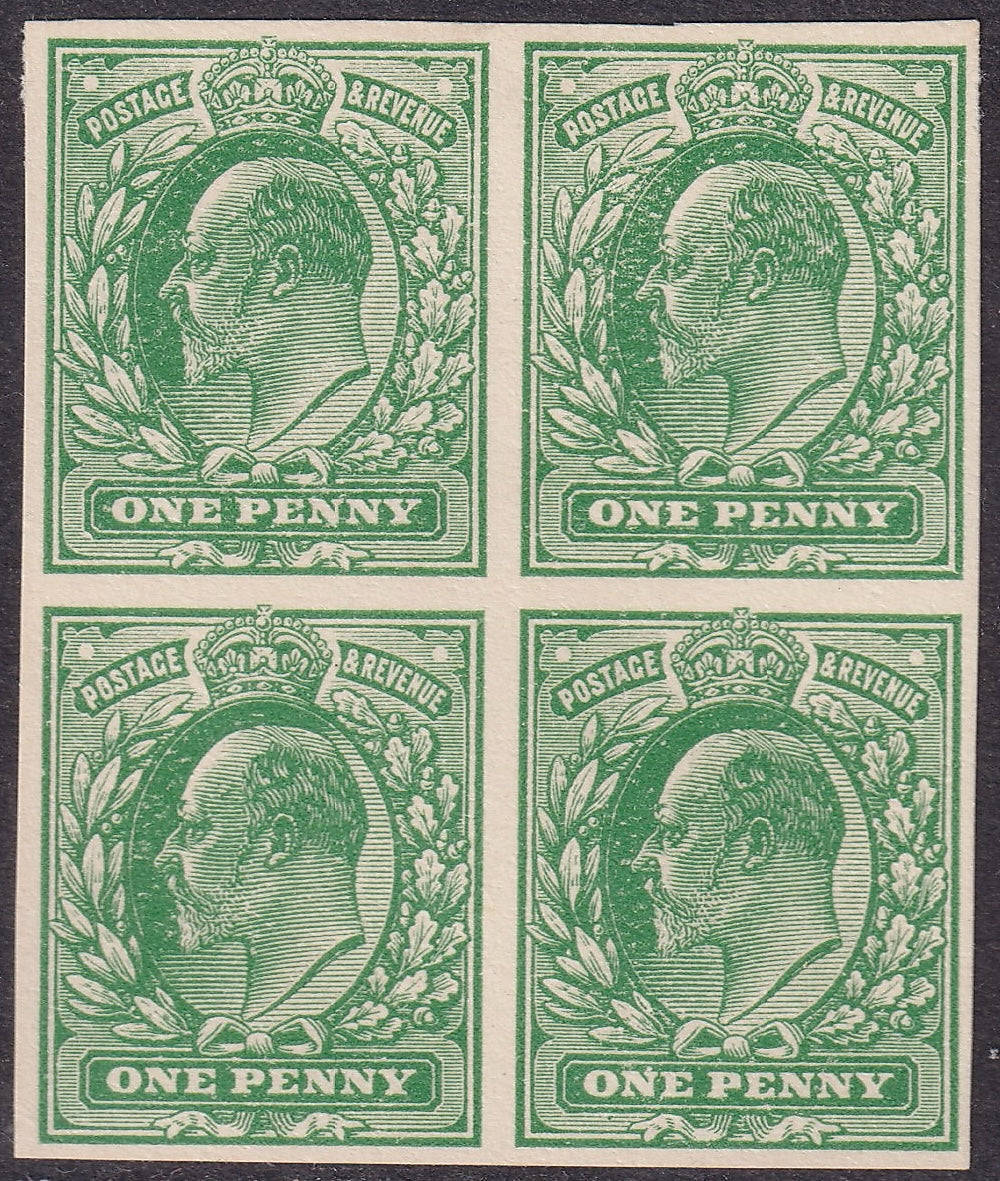 Great Britain Edward VII Plate Proof in Pale Green Imperf Block of Four