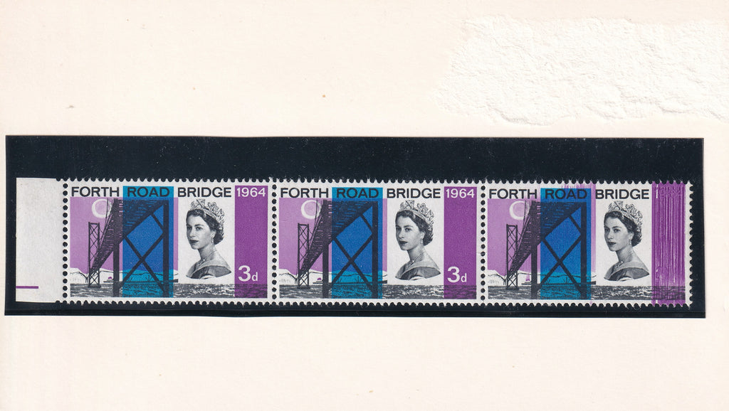 GB 1964 3d FRB UM Strip of 3 Year & Value Obliterated Reddish Violet