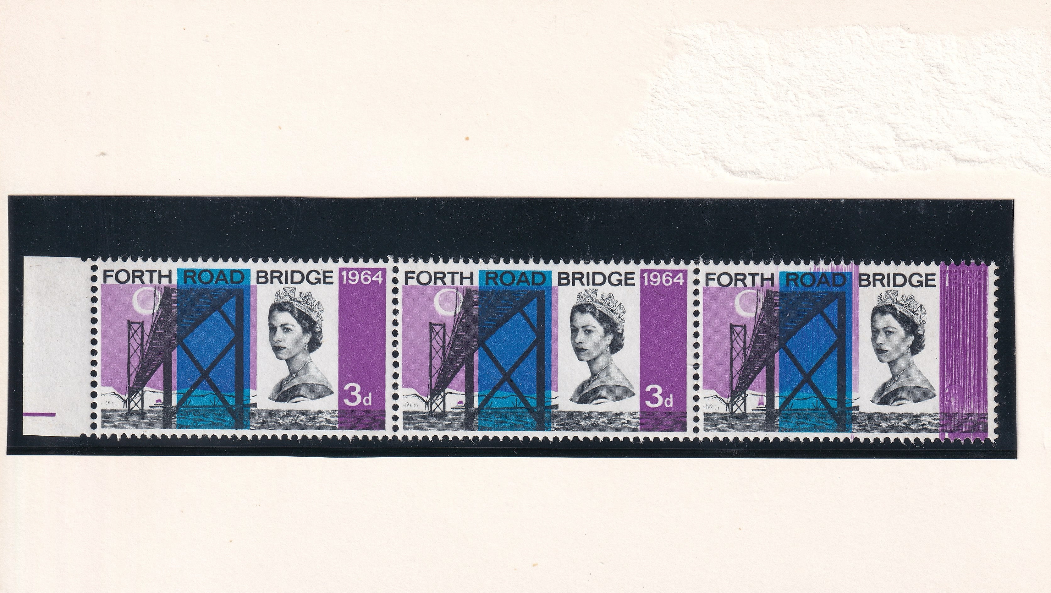GB 1964 3d FRB UM Strip of 3 Year & Value Obliterated Reddish Violet