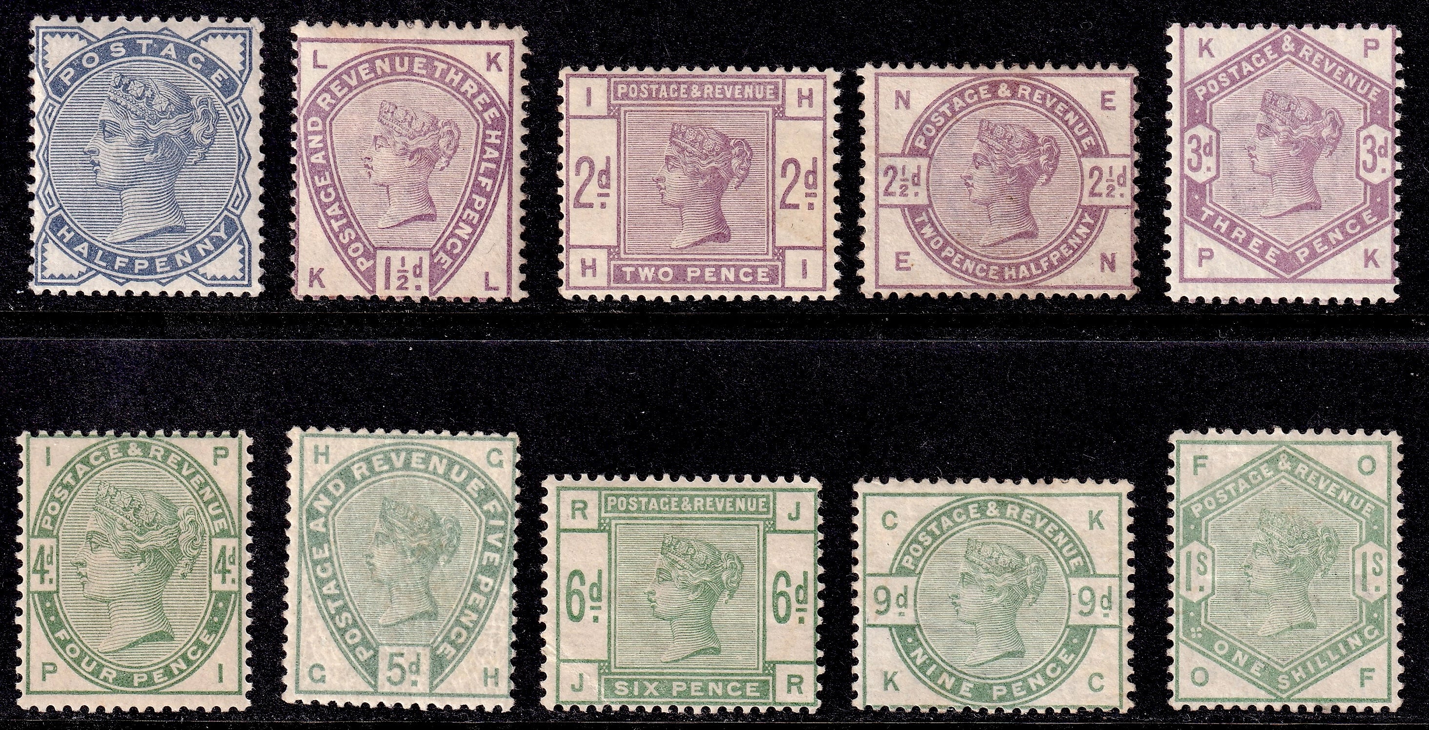 Great Britain 1883-1884 Lilac and Green Fresh Mint Set of Ten