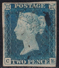 Great Britain 1840 2d Blue Plate 1 Four Margins Very Lightly Used Lettered CE