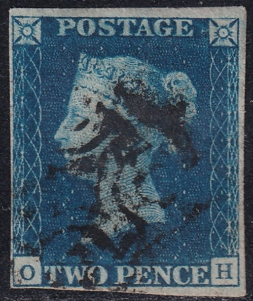 Great Britain 1840 2d Deep Blue Plate 2 Four Margins Black Maltese Cross Lettered OH