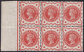 Great Britain 1887 ½d vermilion Queen Victoria stamps in a block of six, arranged in two rows with left selvedge.