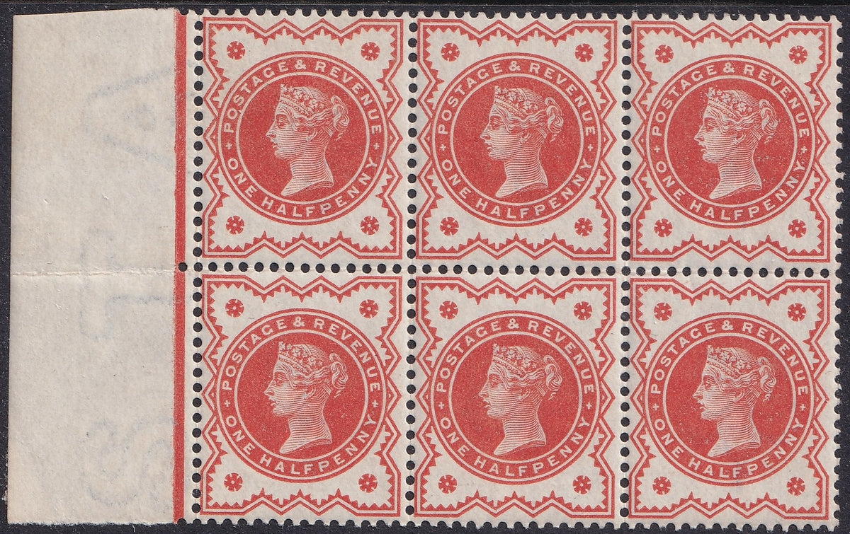 Great Britain 1887 ½d vermilion Queen Victoria stamps in a block of six, arranged in two rows with left selvedge.