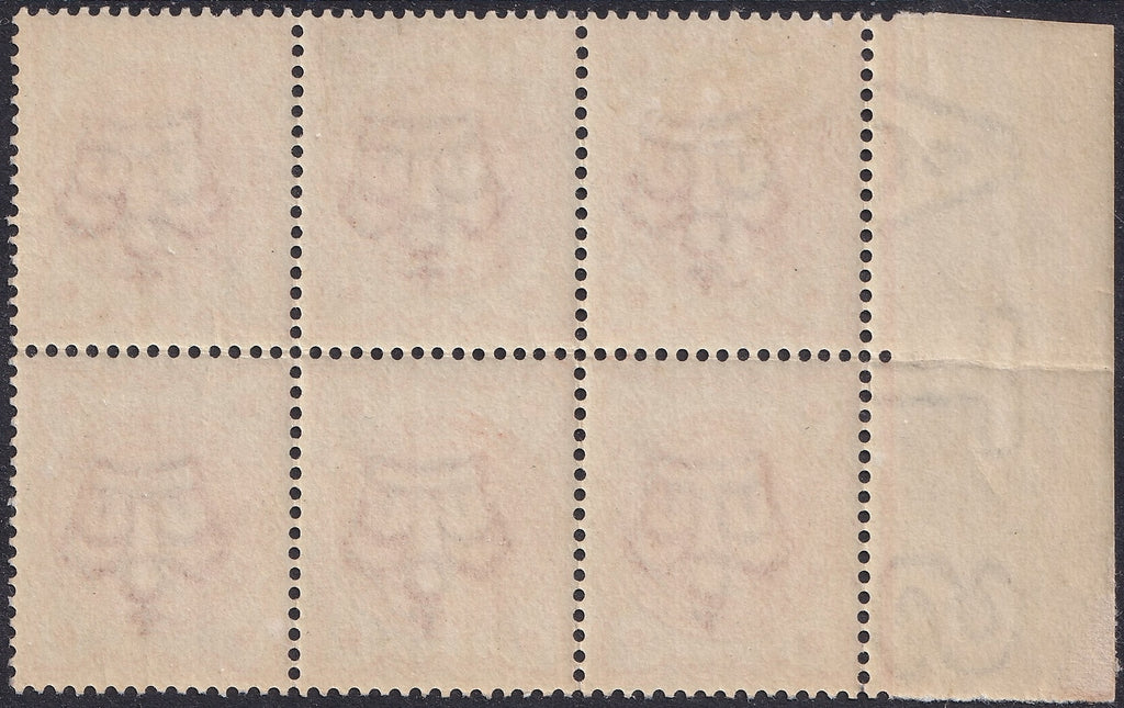 Gum side of the Great Britain 1887 ½d vermilion block of six, showing perforations and attached side selvedge.