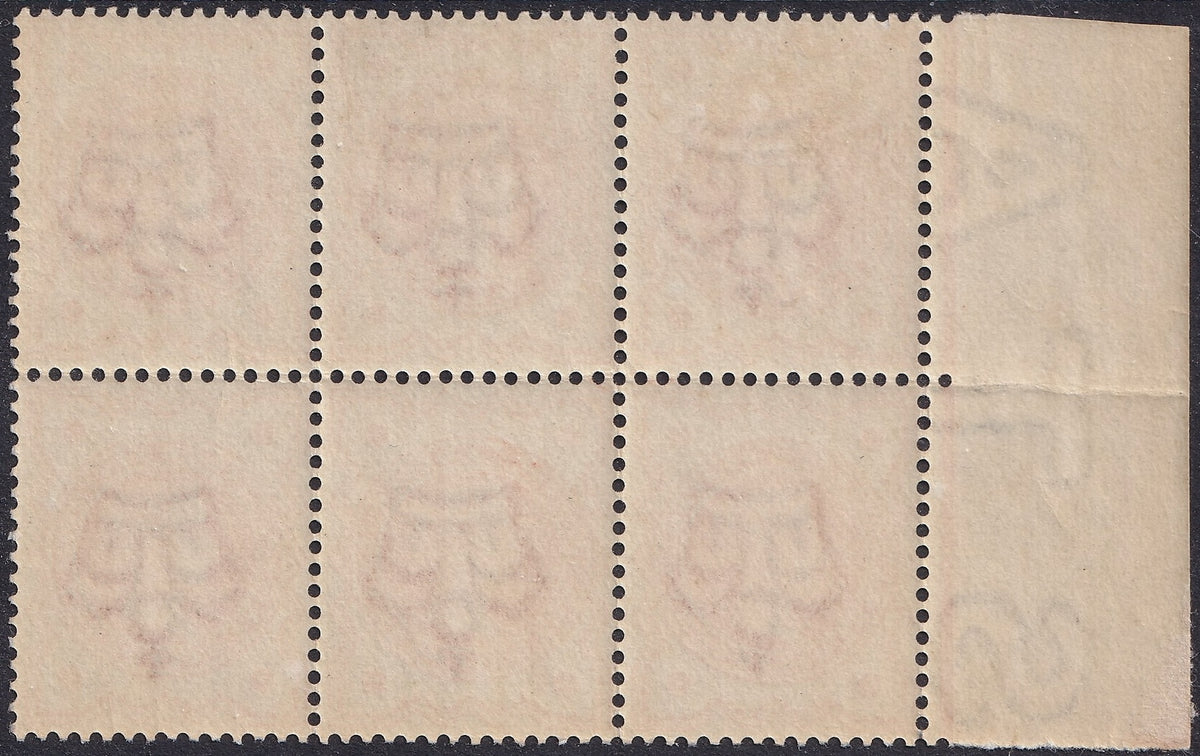 Gum side of the Great Britain 1887 ½d vermilion block of six, showing perforations and attached side selvedge.