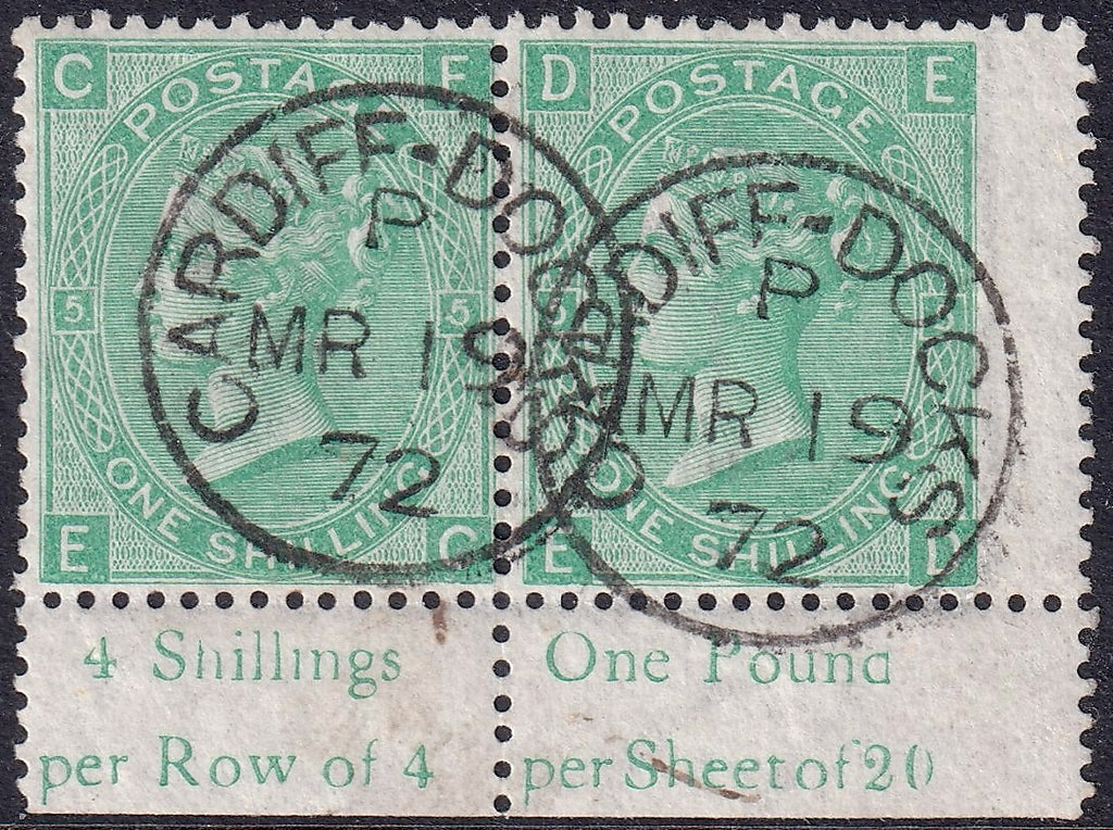 Front of GB 1871 1s green Plate 5 corner marginal pair EC-ED, with Cardiff Docks cancellations and printed sheet-value inscriptions.