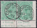 Front of GB 1871 1s green Plate 5 corner marginal pair EC-ED, with Cardiff Docks cancellations and printed sheet-value inscriptions.