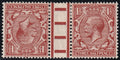 Great Britain 1924 1½d red-brown George V tête-bêche pair, with one stamp inverted and a central gutter showing red bars.